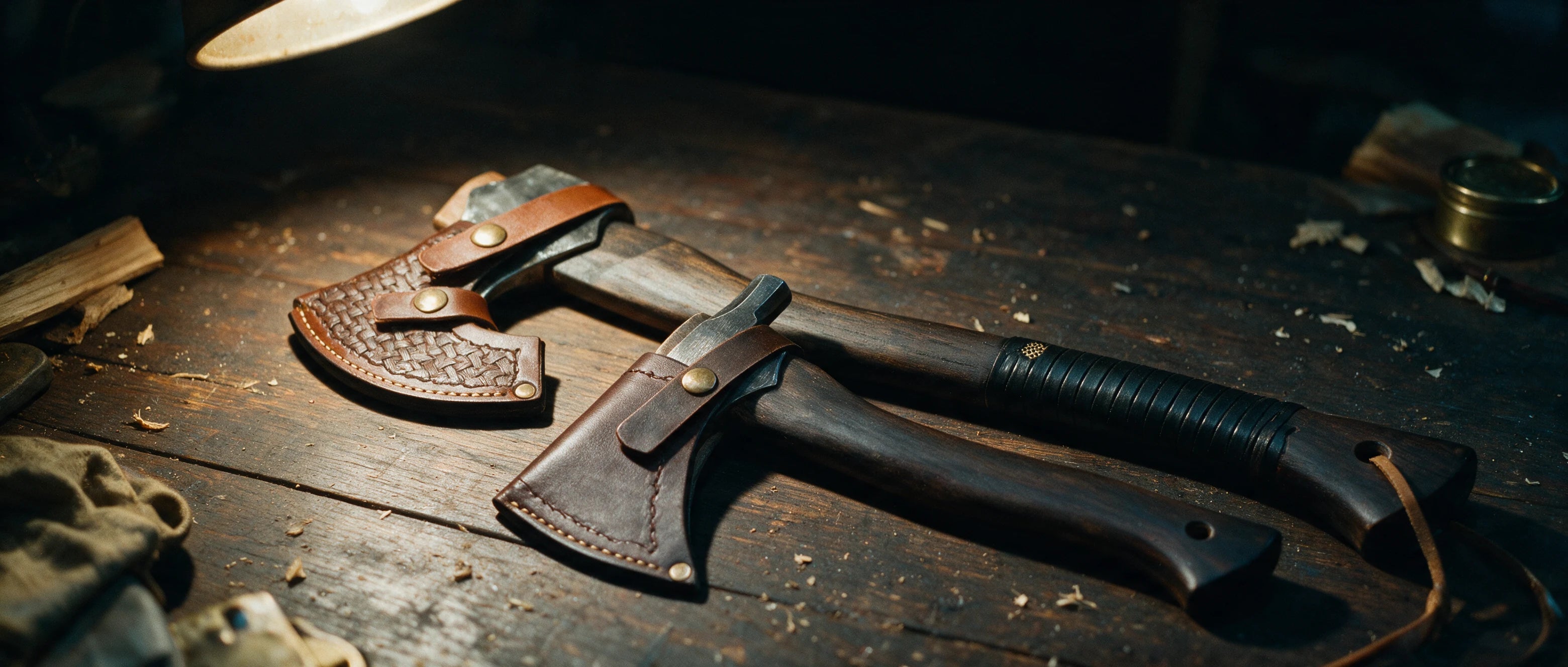 Craftman Kampçı Baltası ve Mini Kamp Baltası, deri kılıfları takılı, atölye tezgâhında loş ışıkta