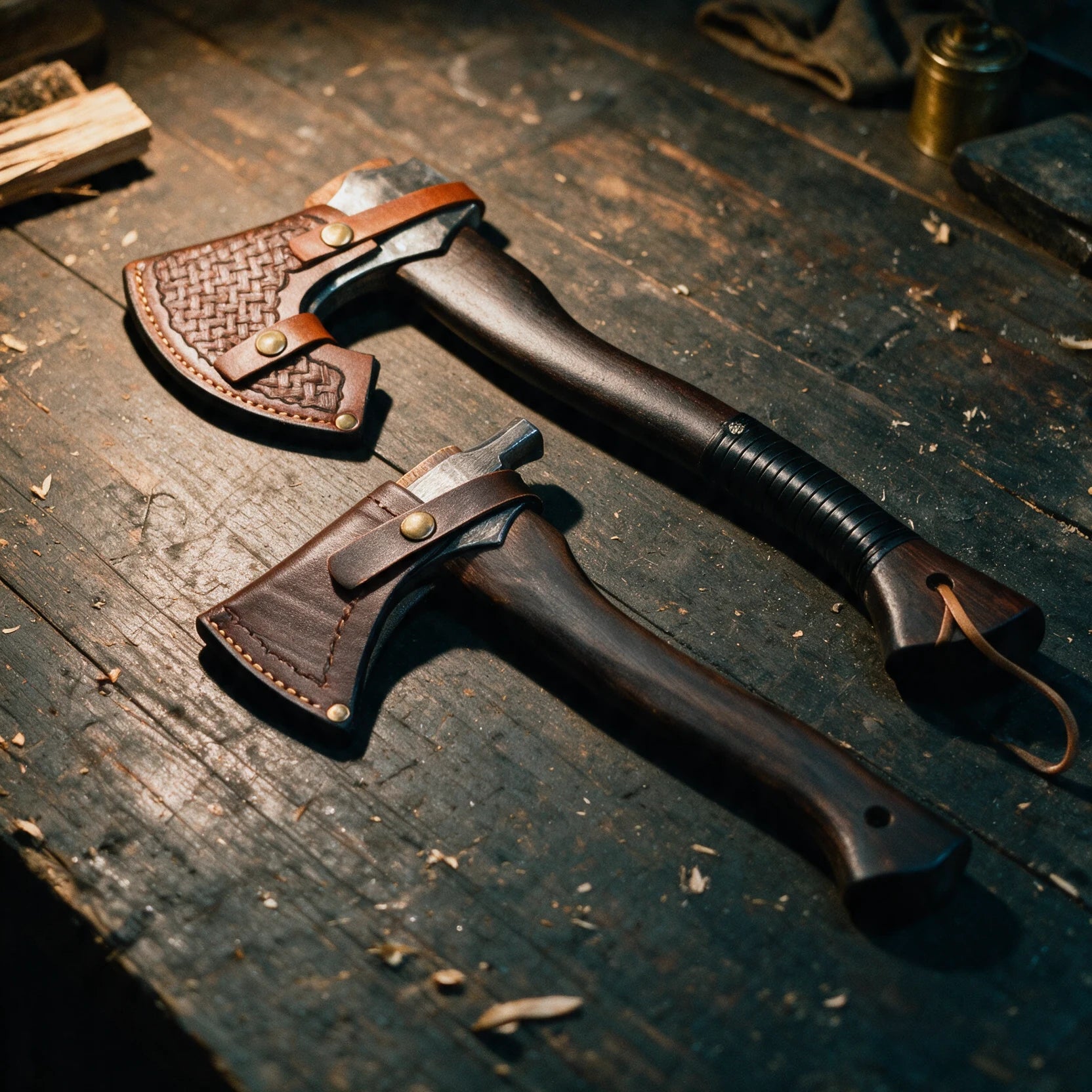 Craftman Kampçı Baltası ve Mini Kamp Baltası, deri kılıfları takılı, atölye tezgâhında loş ışıkta
